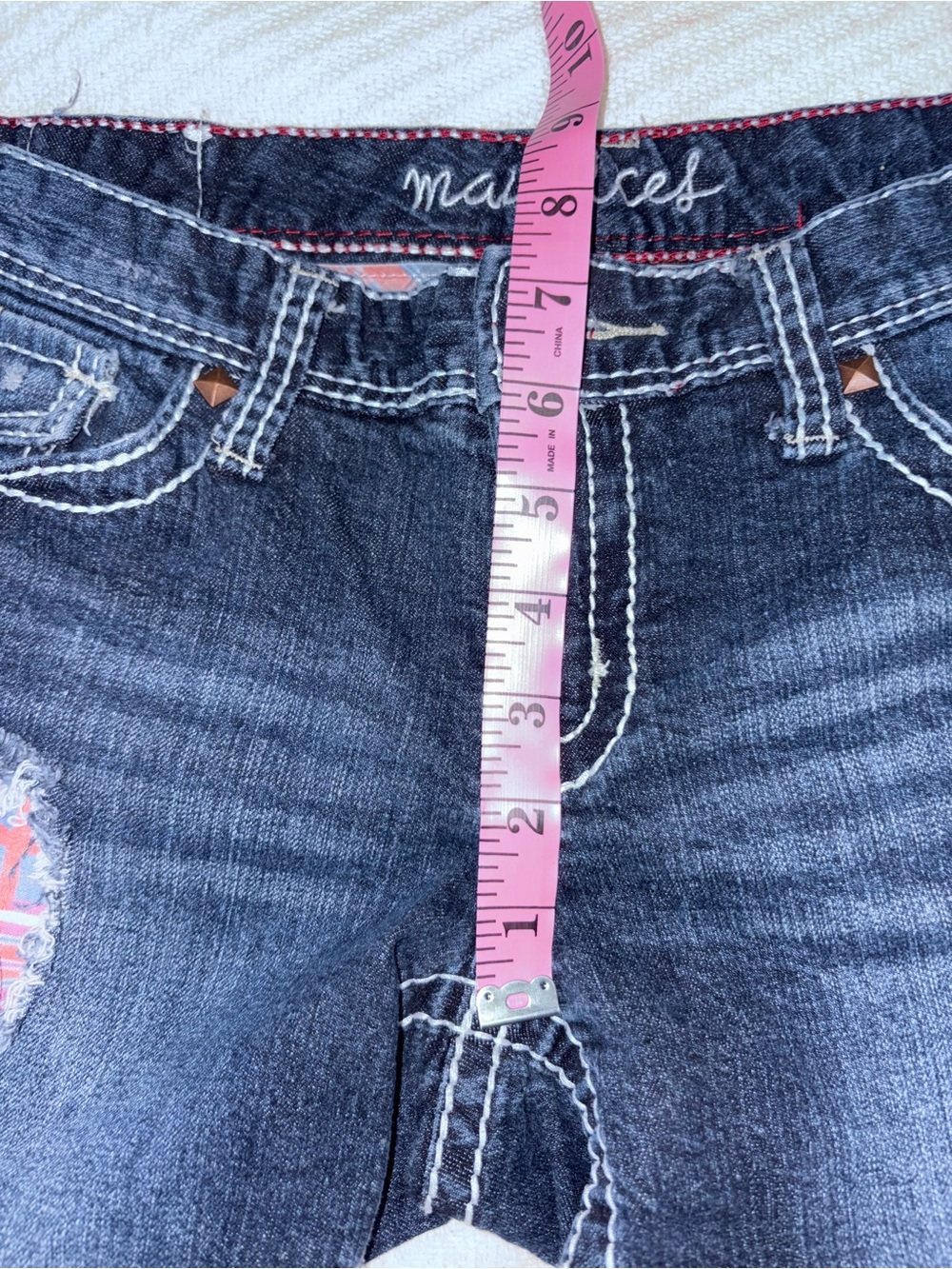 Maurices Y2K Originals High Contrast Low Rise Denim Destructed Patched Shorts - Picture 4 of 8